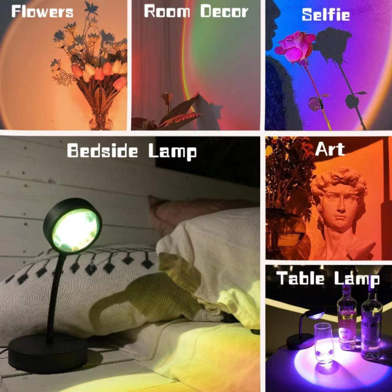 Lampe de chevet Coucher de Soleil - Lampe de Nuit LED RGB 16 Couleurs avec Rotation à 360°