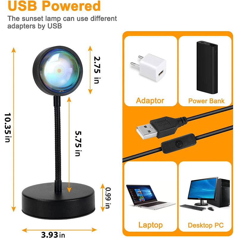 Lampe de chevet Coucher de Soleil - Lampe de Nuit LED RGB 16 Couleurs avec Rotation à 360°