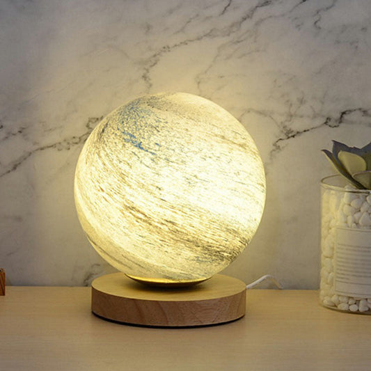 Veilleuse Mini Planète en Verre - Lampe de Table Postmoderne avec Socle en Bois
